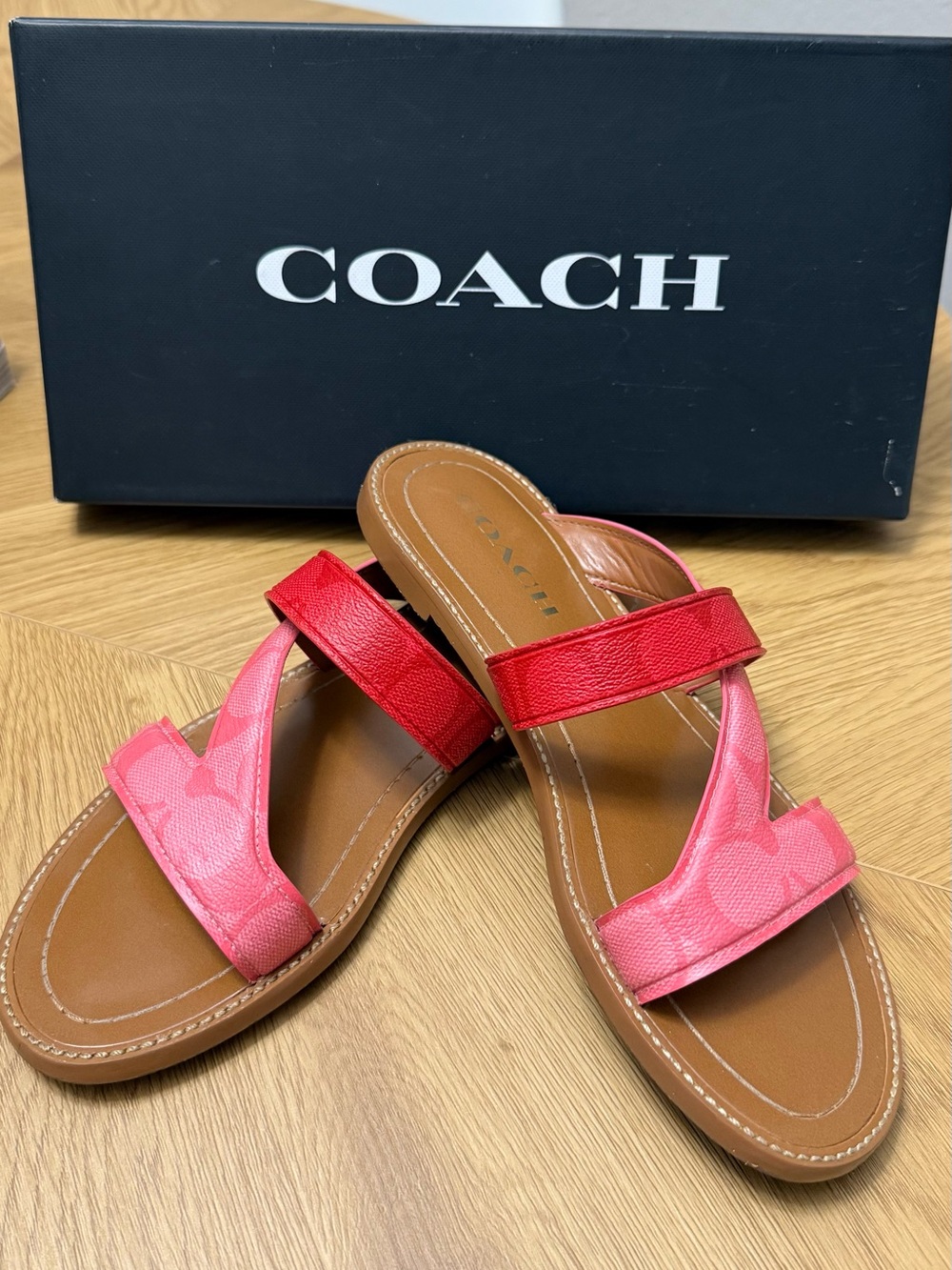 Coach Women's Pink & Red Leather Slide Sandals